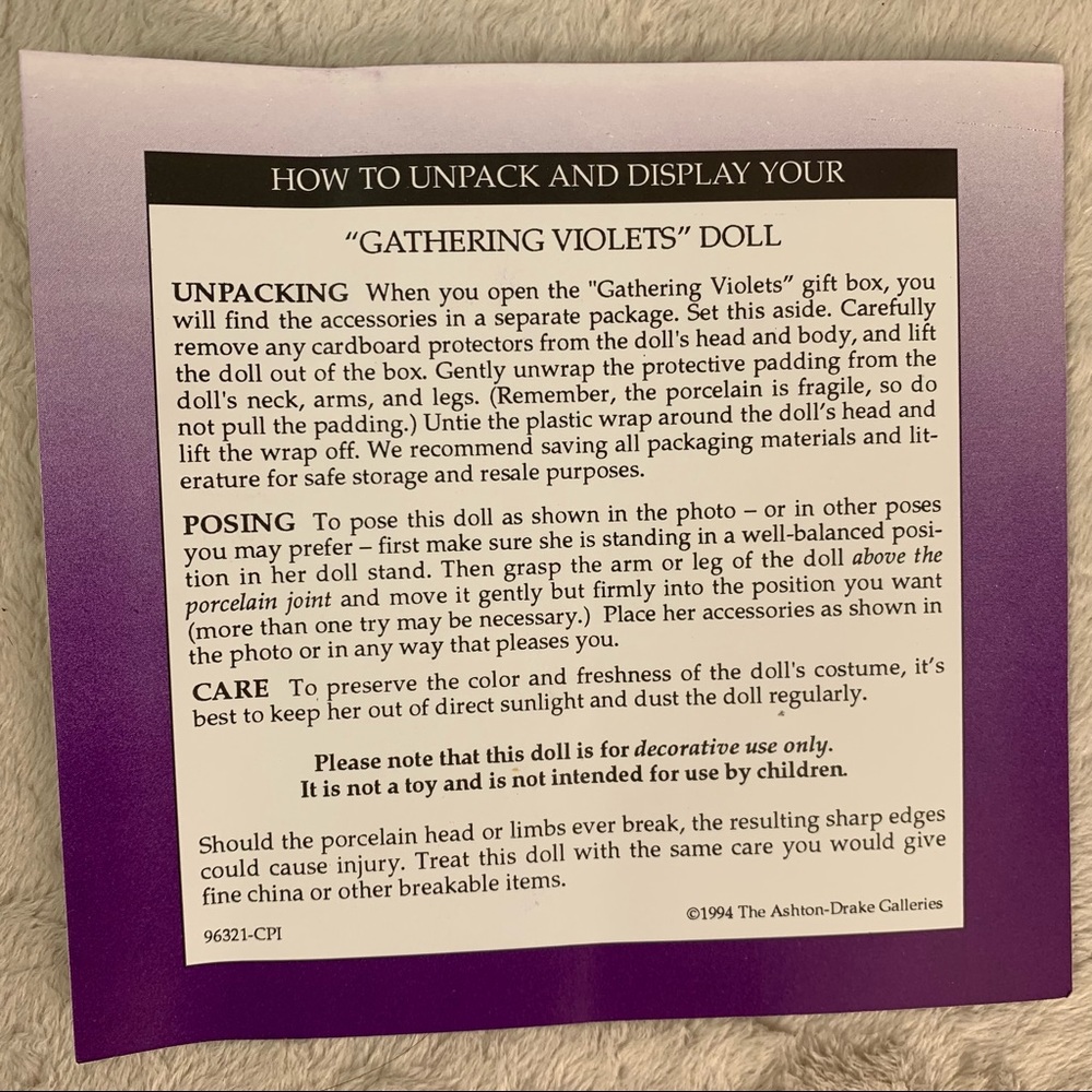 NEW Ashton Drake Galleries "Gathering Violets" Porcelain Doll - Picture 15 of 17